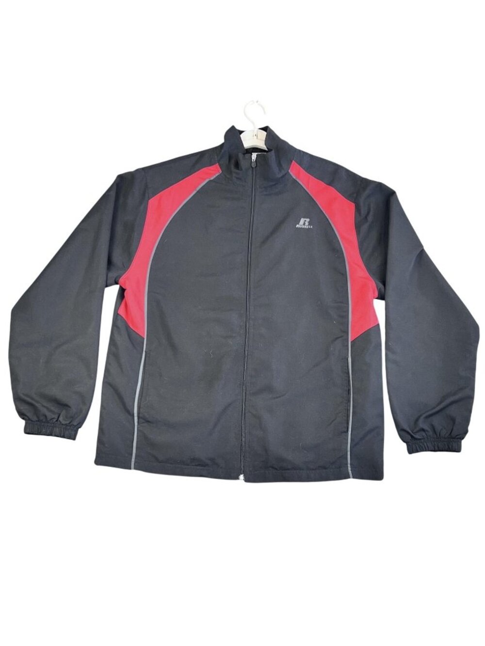 Russell Athletic Mens Large Track Jacket Black Red Full Zip Mesh Lined Pockets